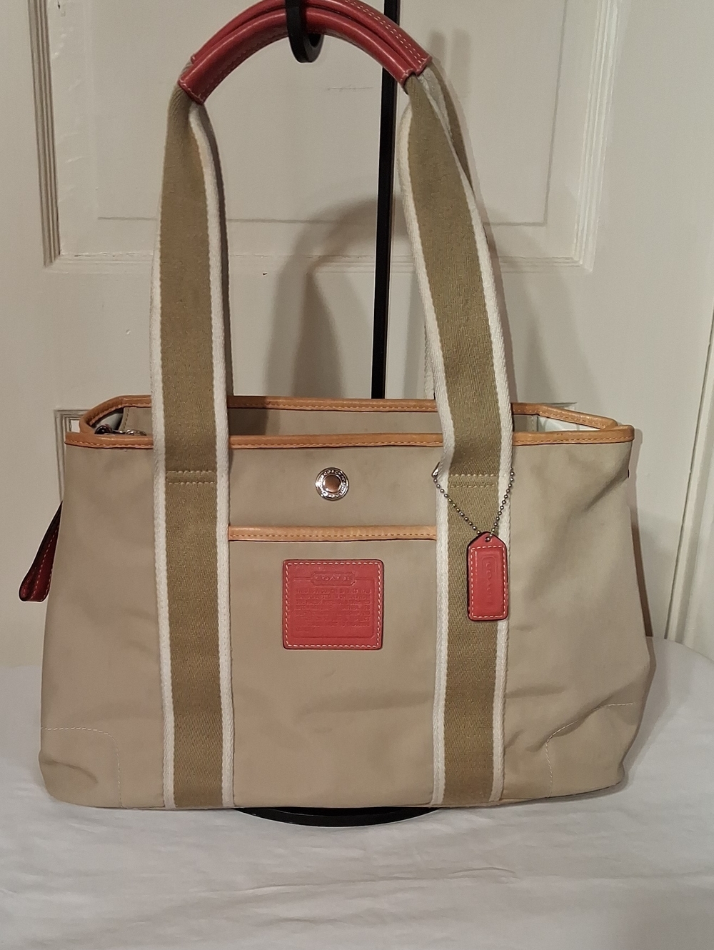 Coach Beige Hampton IR5656 Canvas Tote with Coral Leather Accents